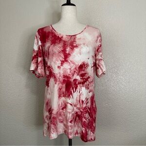Chico's Boho Red White Tie Dye Jersey Knit Short Sleeves Tee, Sz Medium